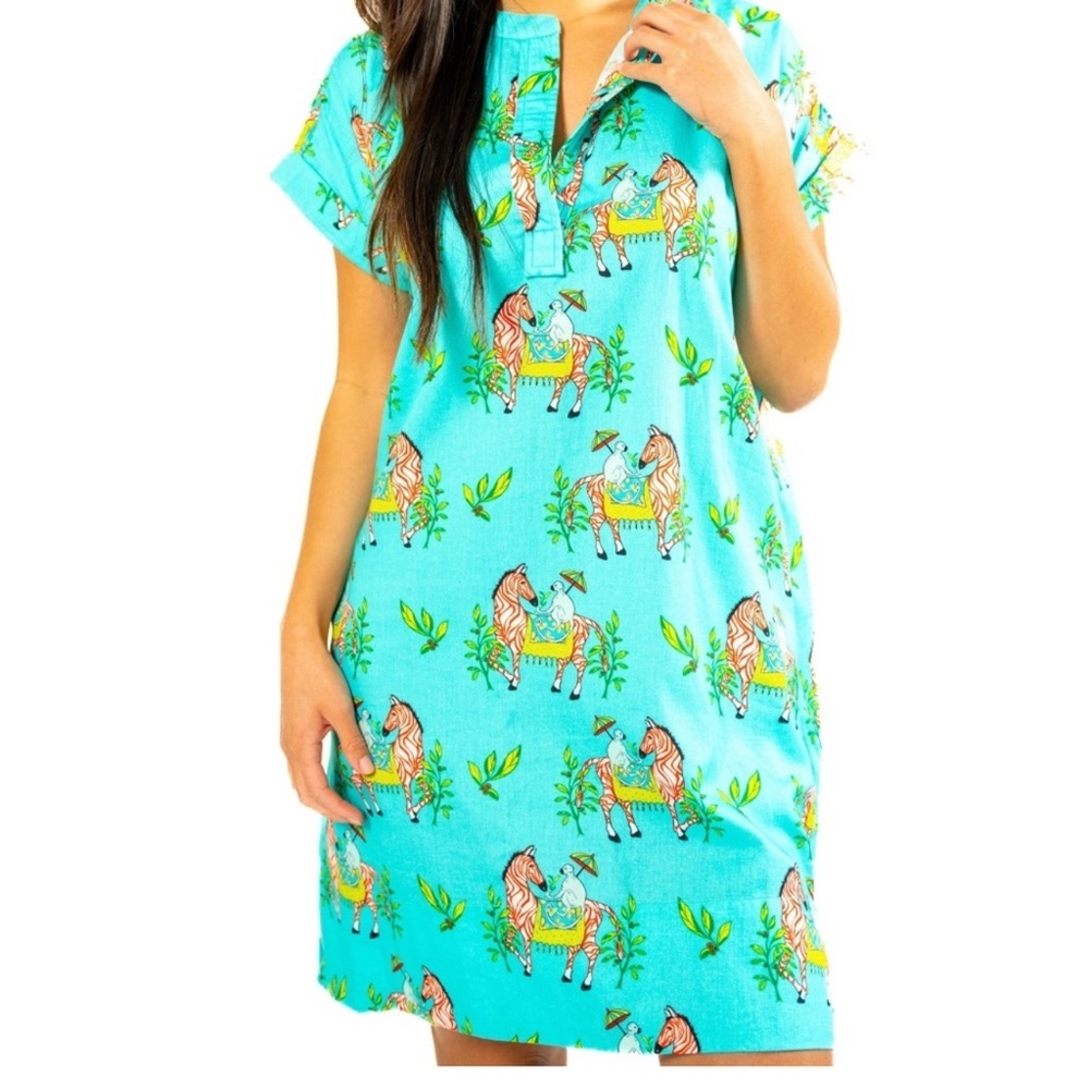 Jayes Studio Womens S 6-8 Zebra Monkey‎ Umbrella Print Day Dress Turquoise Aqua